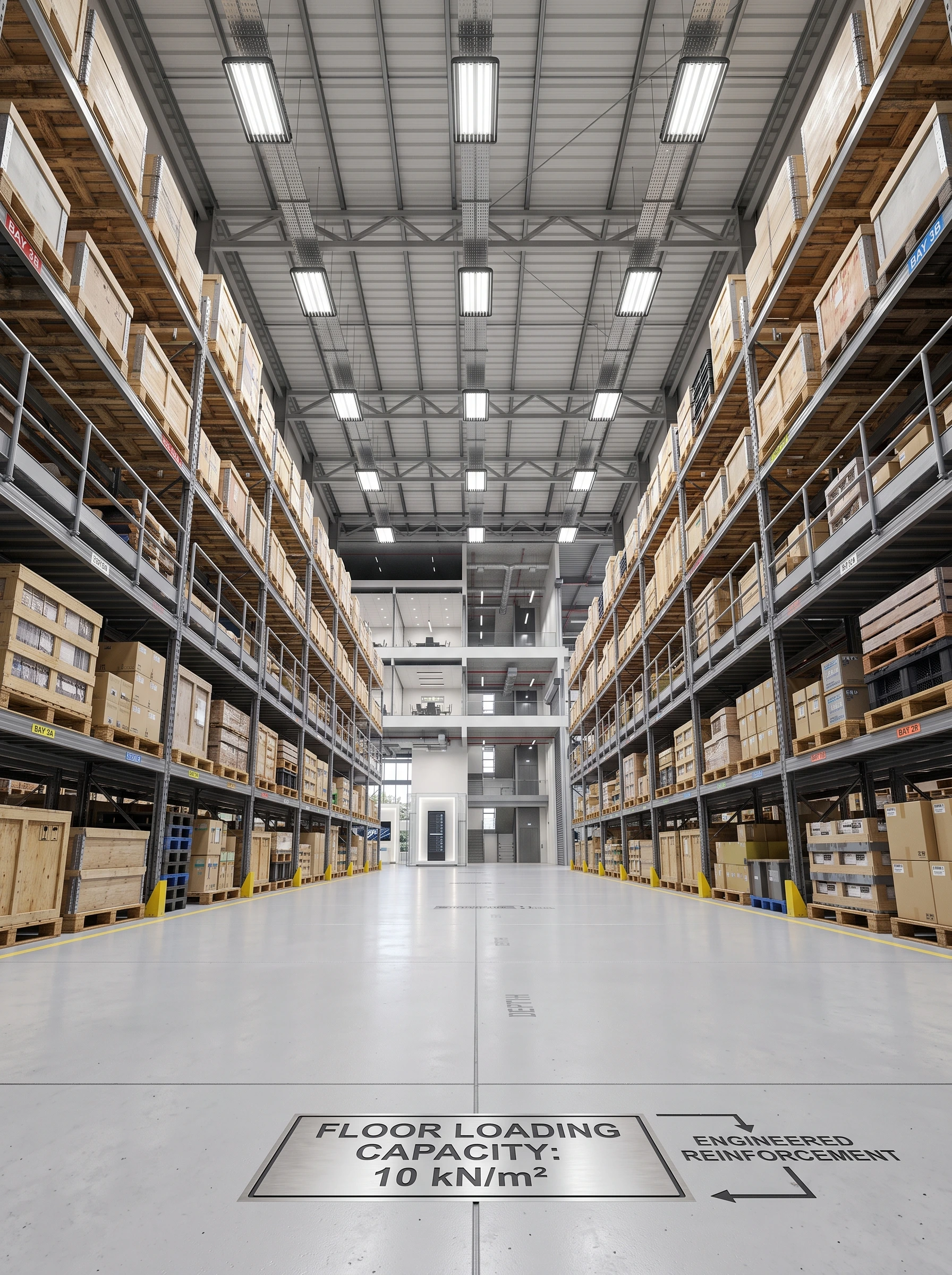 Interior warehouse view with 20-foot high ceilings, 10 kN/m2 heavy-duty concrete floor loading, and high-density vertical pallet racking.
