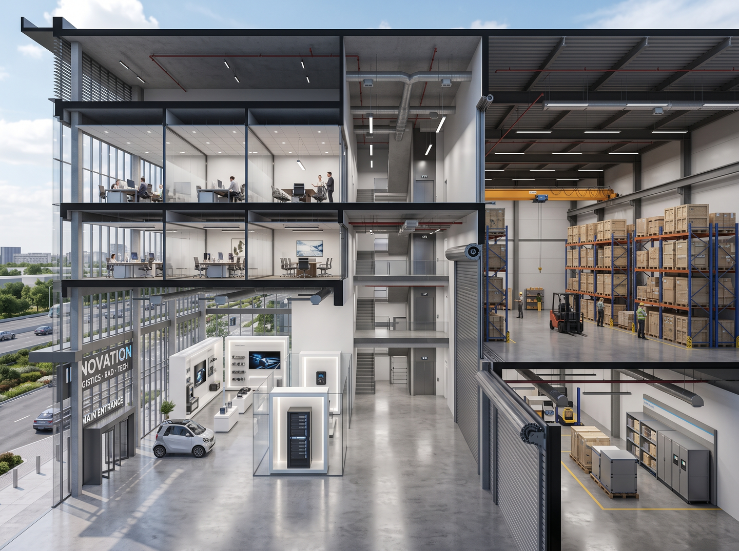 1.5-storey duplex industrial layout showing ground floor showroom, integrated mezzanine corporate office, and rear fulfillment warehouse.