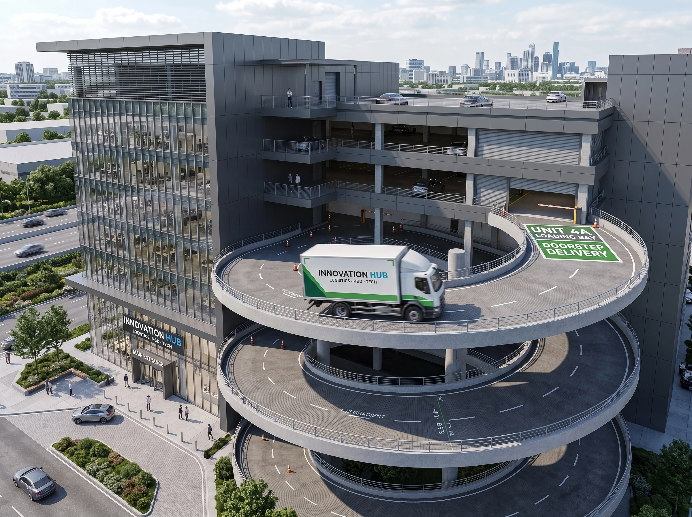 A 5-tonne commercial lorry driving up a 1:12 easy-gradient vehicle ramp to doorstep loading bays on elevated industrial floors.