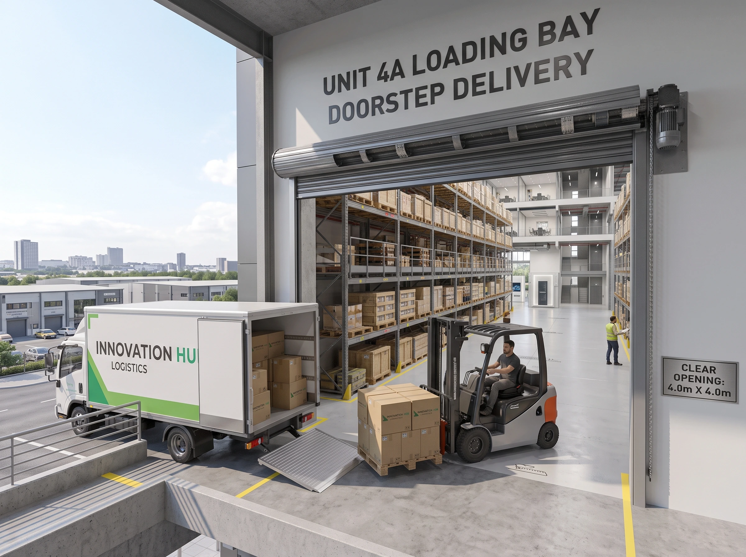 4m x 4m motorized roller shutter with forklift and commercial lorry at dedicated doorstep loading bay.