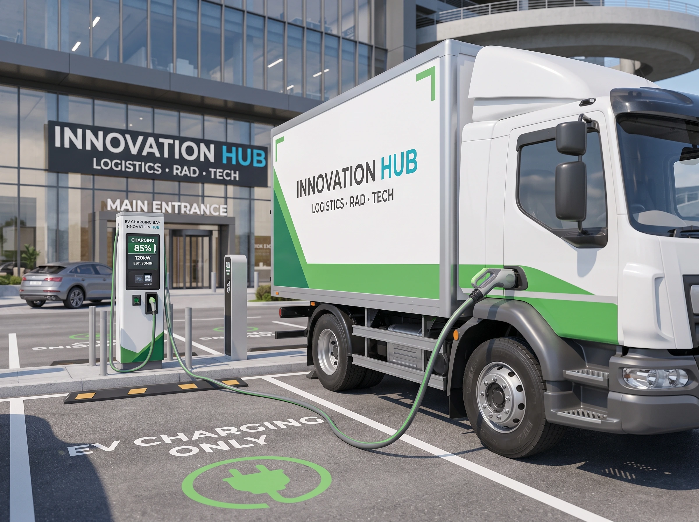 Electric commercial lorry charging at one of the 58 EV charging stations.