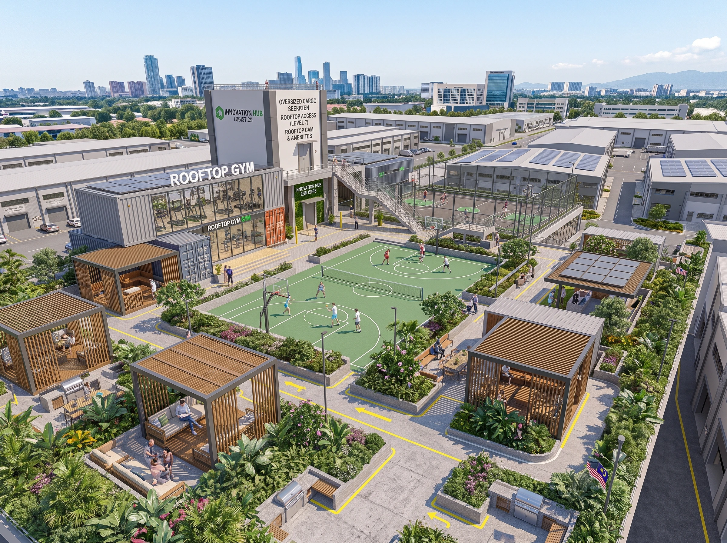Rooftop employee wellness amenities featuring pickleball court, basketball court, gymnasium, and breakout gardens in a gated industrial estate.